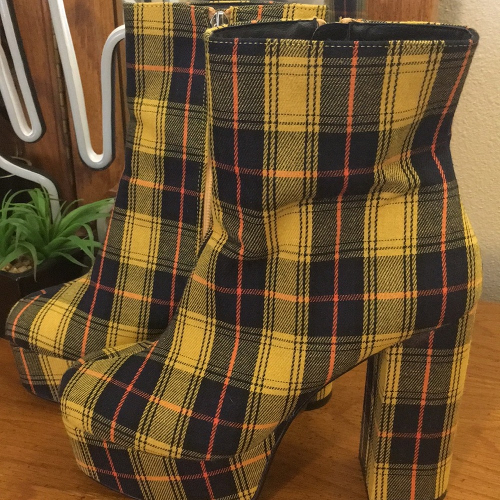 Plaid platform chunky heel booties